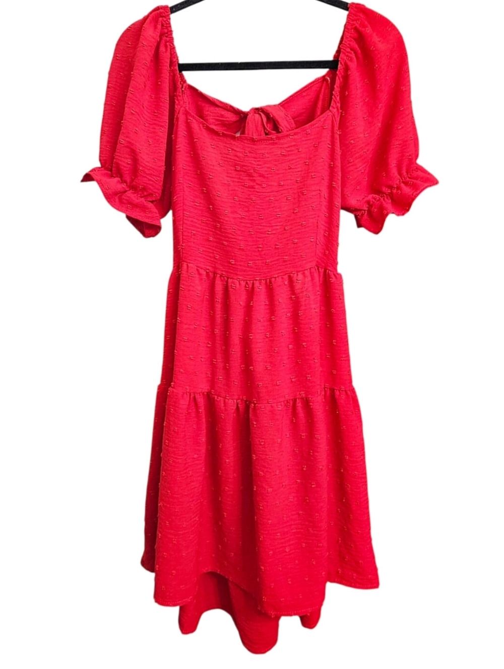 Red Textured Dots Scoop Neck Open Back Ruffle Bubble Sleeve Hi-Lo Dress Large
